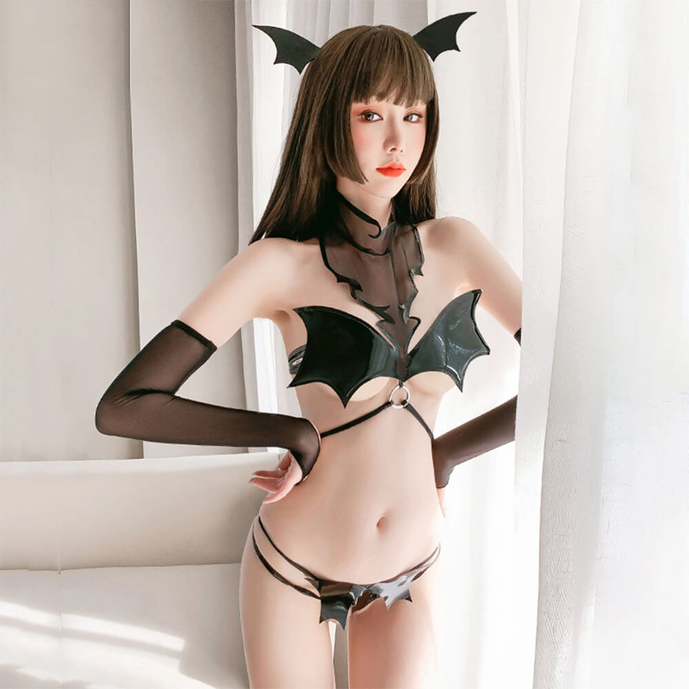 Little Devil Bat Japanese Cosplay Lingerie Demon Anime Leather Porno Micro Bikini Bra and Panty Costume Set