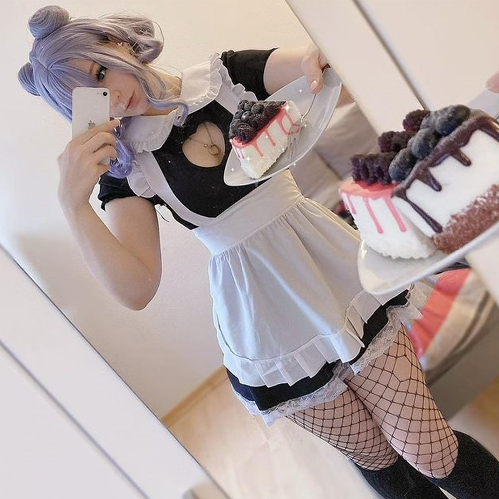 French Maid Uniform Cat Cosplay Lingerie Costume Cute Keyhole Nightwear Babydoll