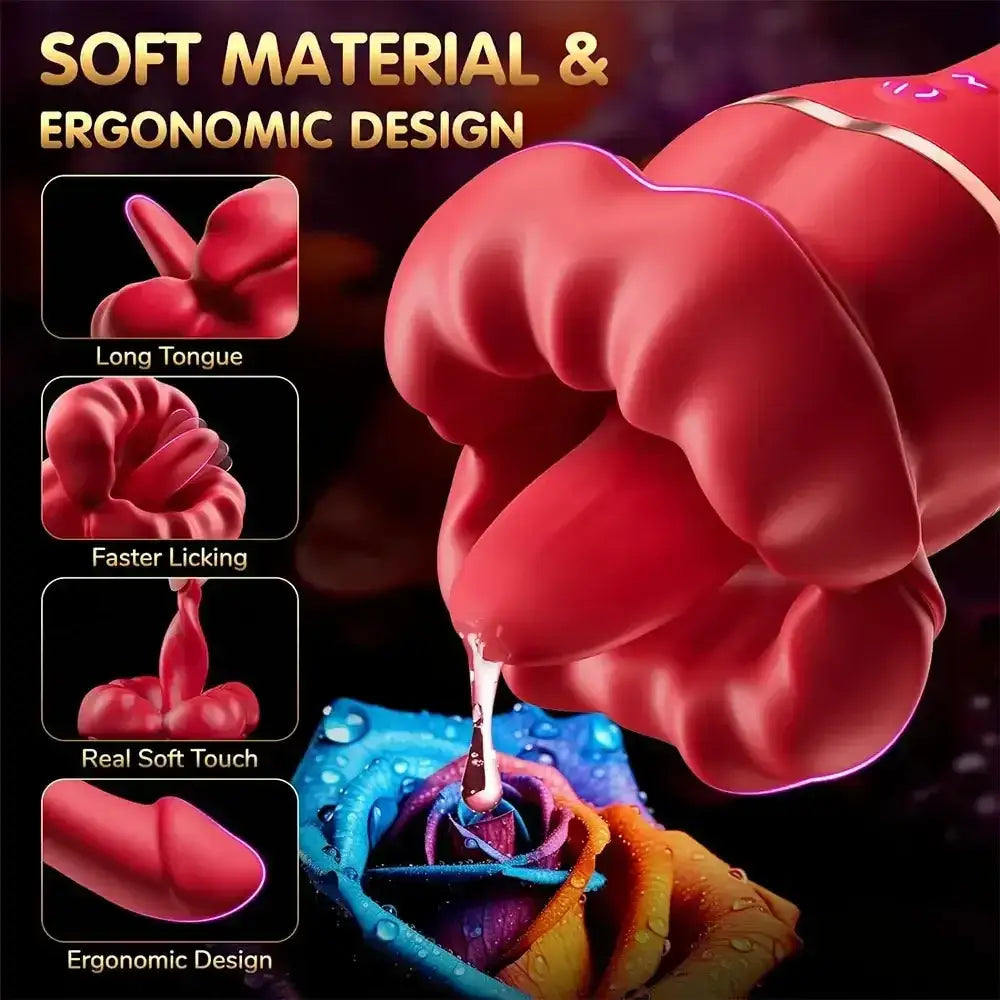 Rose Vibrator 7 Thrusting Telescopic Dildo Mouth 5 Tongue Licking Nipple Clitoris Stimulator Vaginal Vibratior