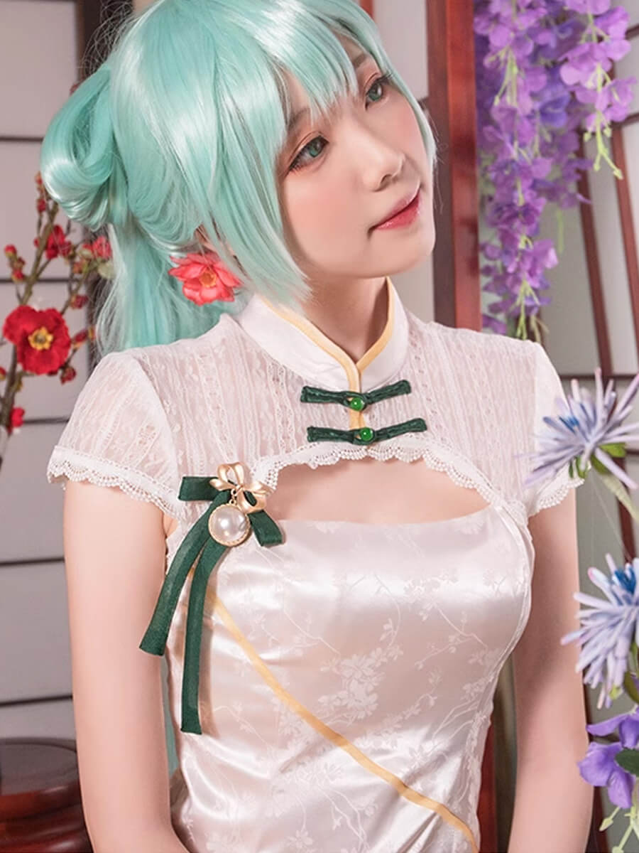 Chinese Cheongsam Dress White Side Slit Tradition Anime Cosplay Costume