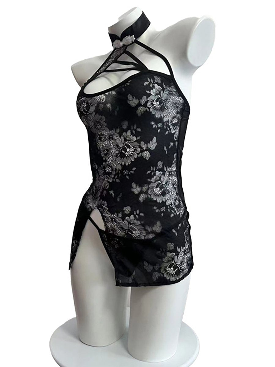 Black Floral Lace Cheongsam Lingerie