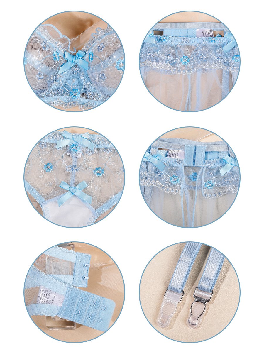 Blue Floral Lace Garter Belt Set