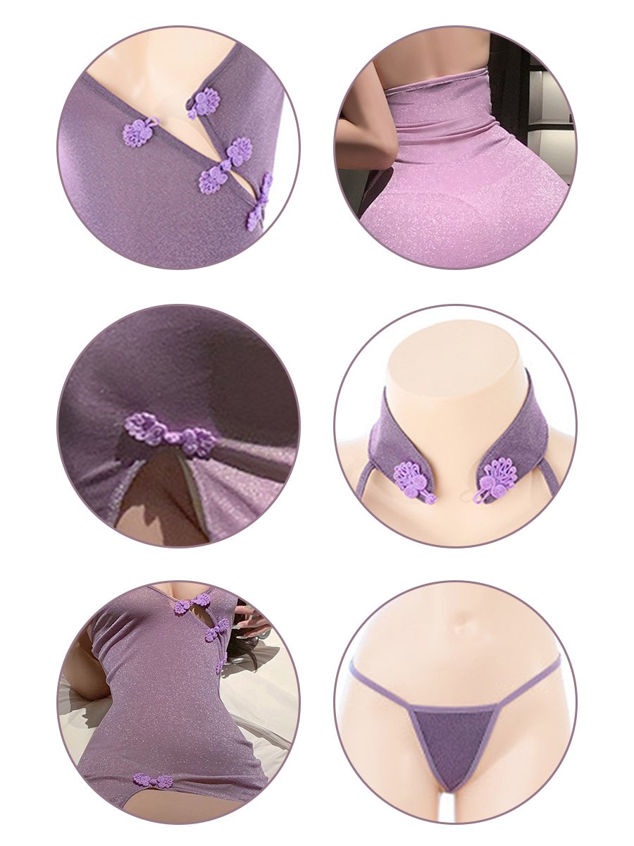 Glitter Purple Slit Cheongsam Dress