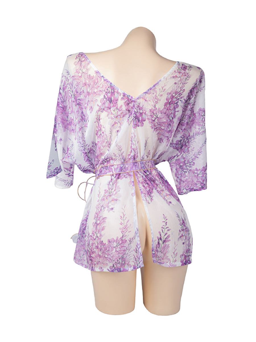 Sheer Purple Floral Belted Yukata