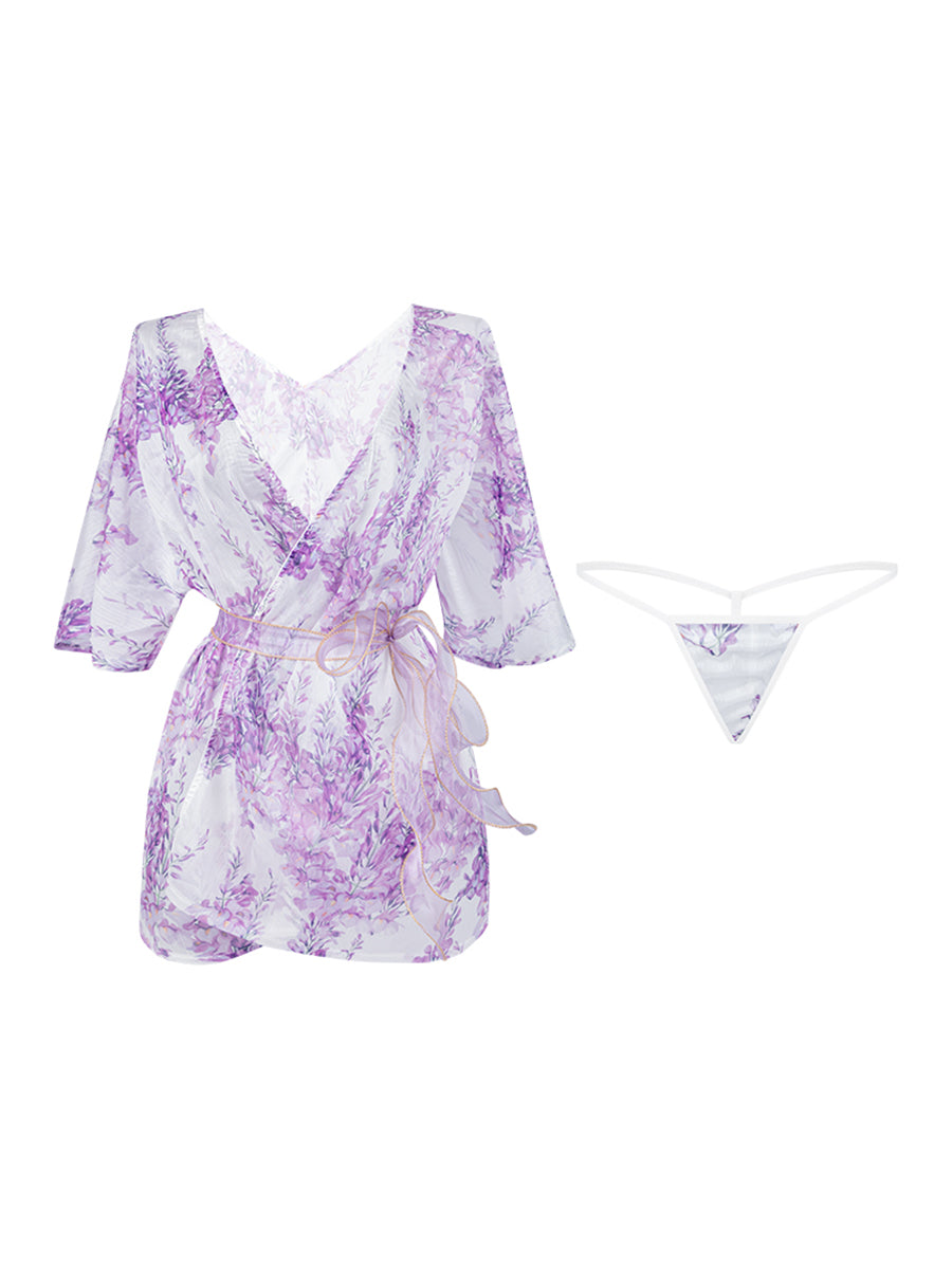 Sheer Purple Floral Belted Yukata