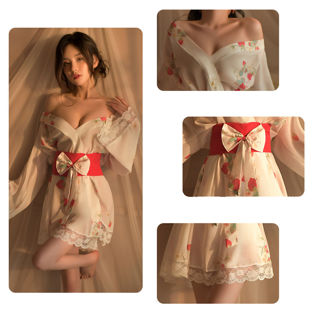 AROSELOVE Japanese Kimono Robes Strawberry Print Kimono Lingerie Anime Cosplay Costume