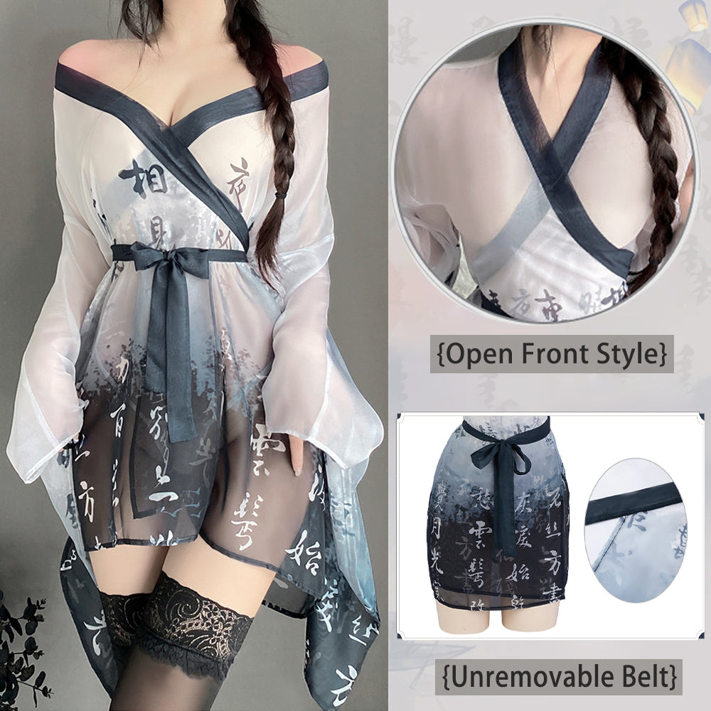 AROSELOVE Sexy Kimono Robes Asian Cosplay Lingerie Chinese Character Print Anime Outfits