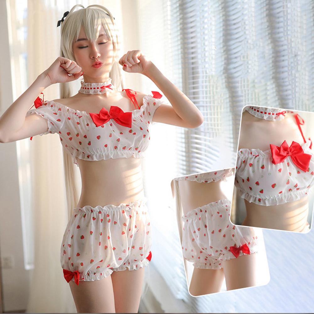 Cute Lolita Cosplay Lingerie Strawberry Print Off Shoulder Crop Top and Pumpkin Shorts
