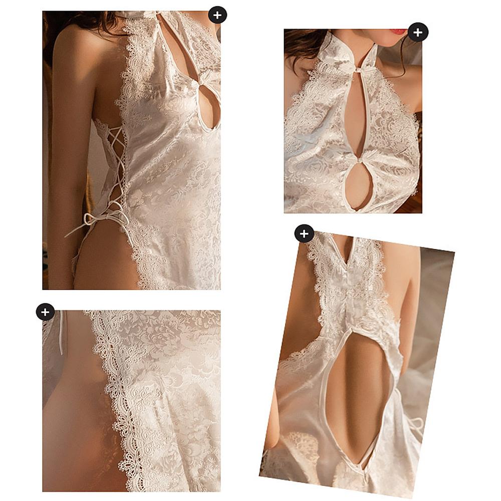 Vintage Chinese Cheongsam Sexy Lace Up Side Slit Backless Lingerie Dress Tradition Qipao