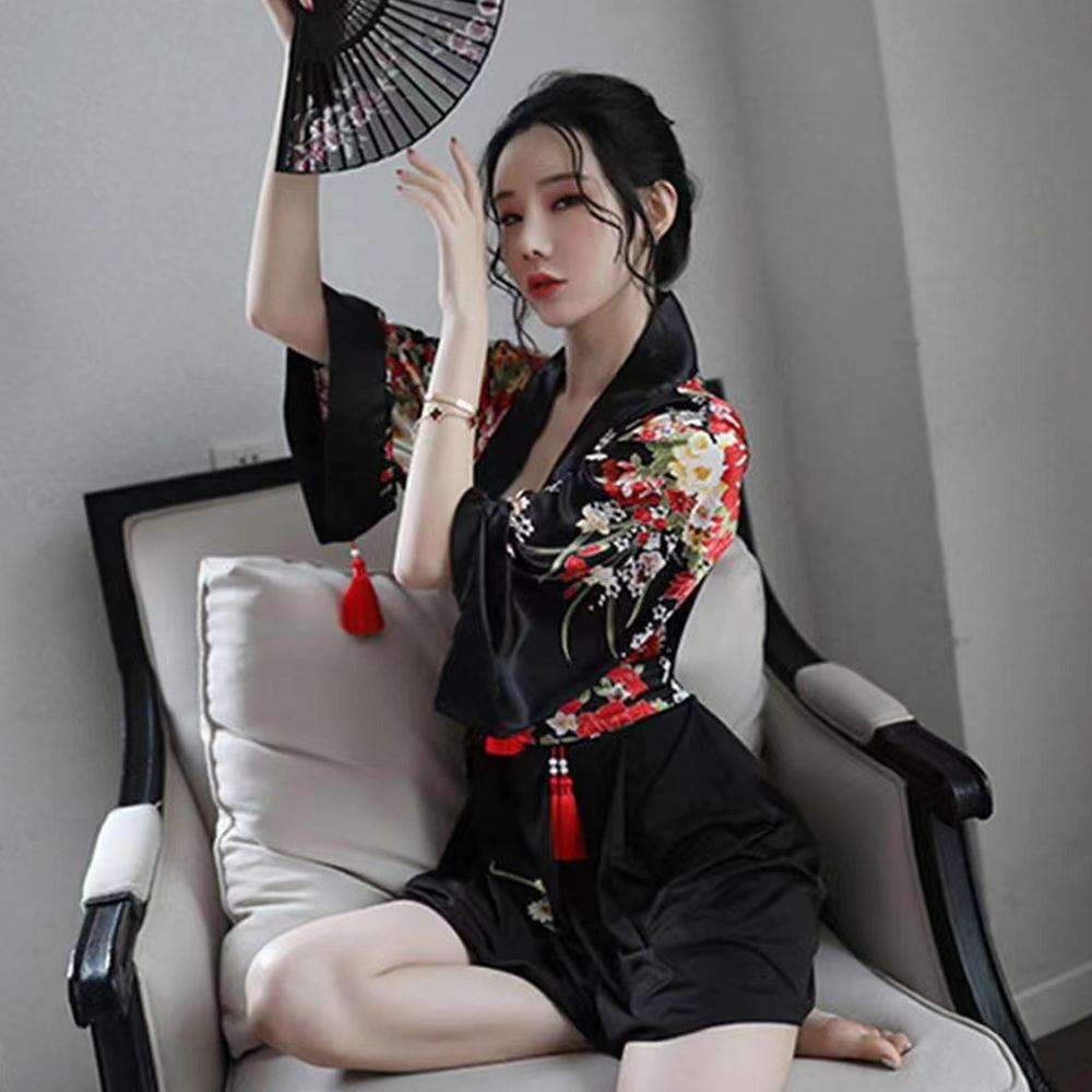 Japanese Kimono Costume Sexy Floral Robe Deep V Semi Sheer Lingerie