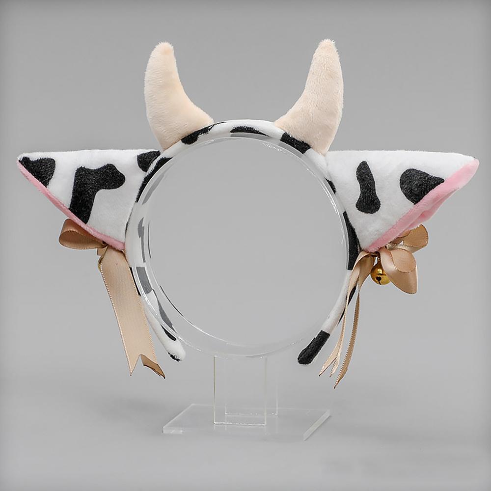 Cow Ears Headband Cow Horns Hair Hoop with Ribbon Bow Bells for Animal Cosplay Party