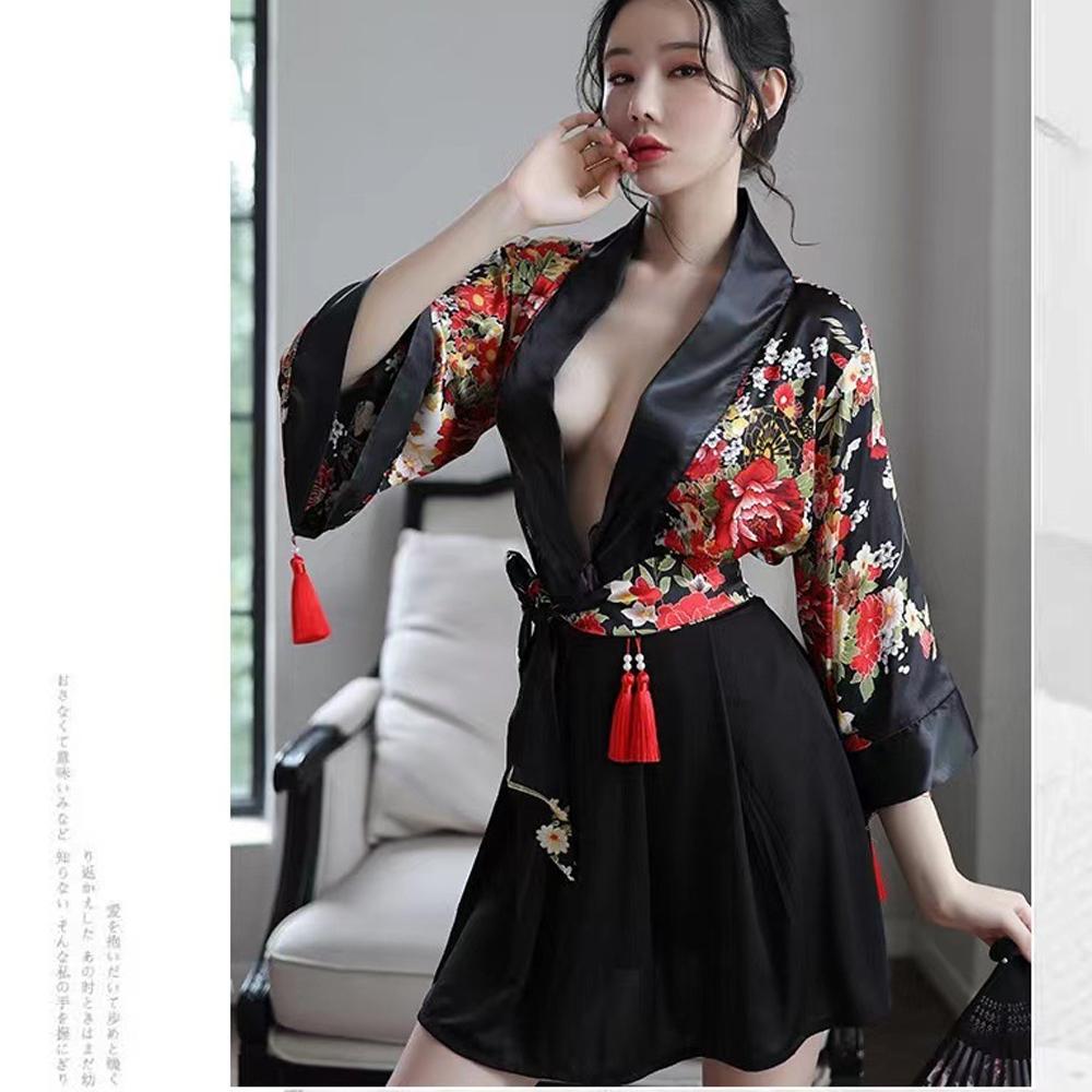 Japanese Kimono Costume Sexy Floral Robe Deep V Semi Sheer Lingerie