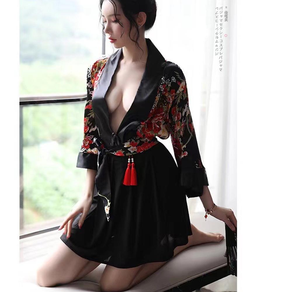Japanese Kimono Costume Sexy Floral Robe Deep V Semi Sheer Lingerie