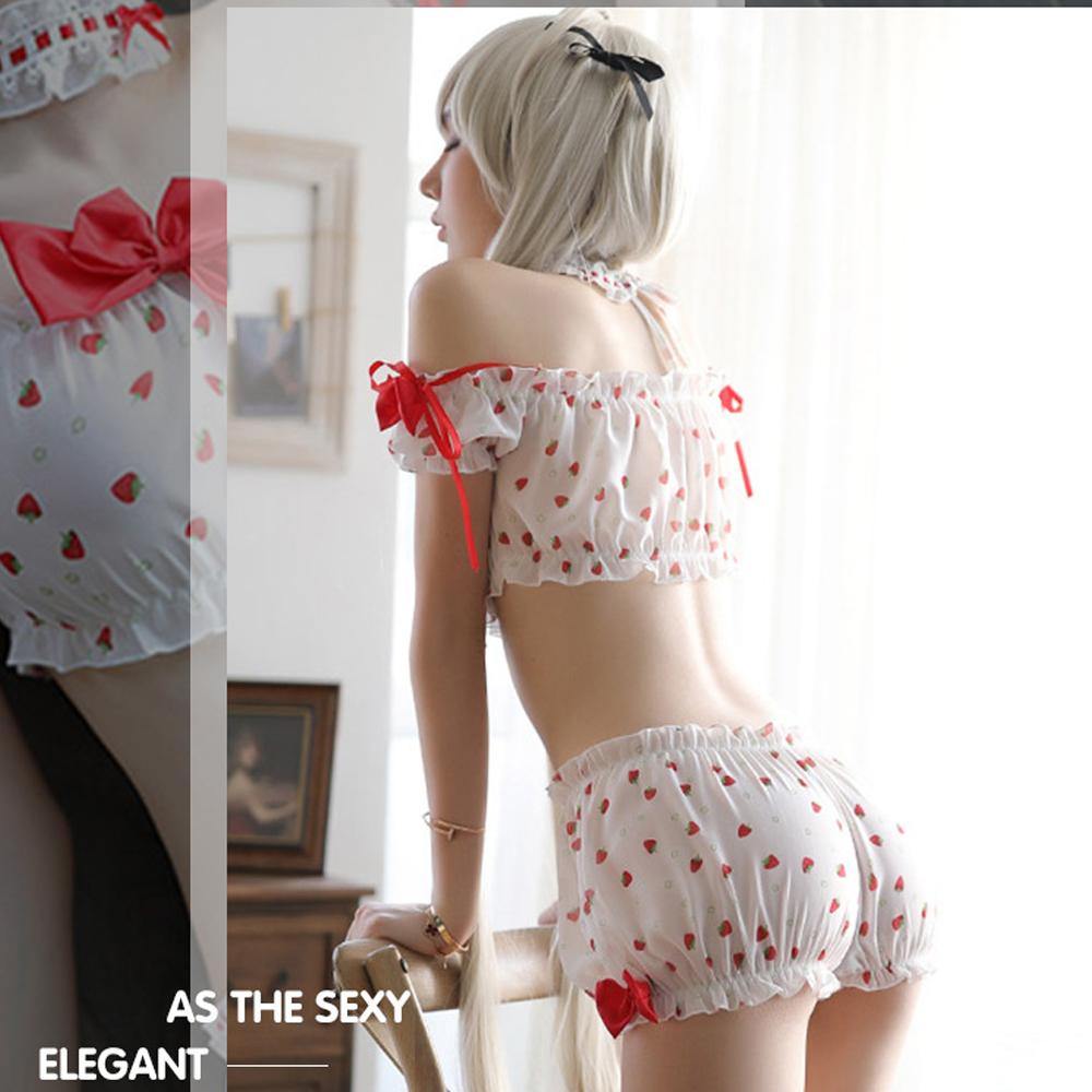 Cute Lolita Cosplay Lingerie Strawberry Print Off Shoulder Crop Top and Pumpkin Shorts