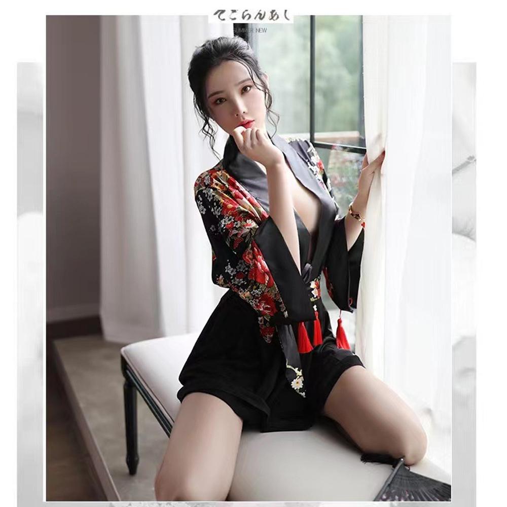 Japanese Kimono Costume Sexy Floral Robe Deep V Semi Sheer Lingerie