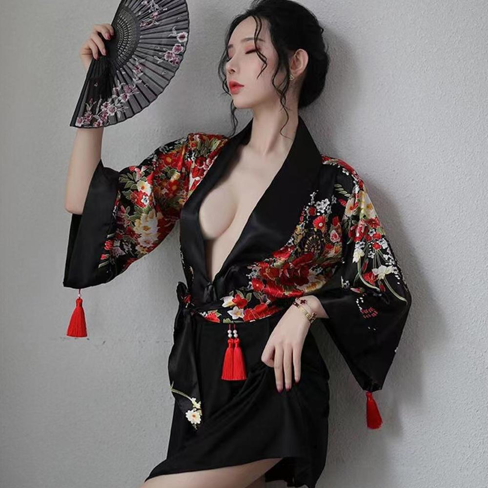 Japanese Kimono Costume Sexy Floral Robe Deep V Semi Sheer Lingerie