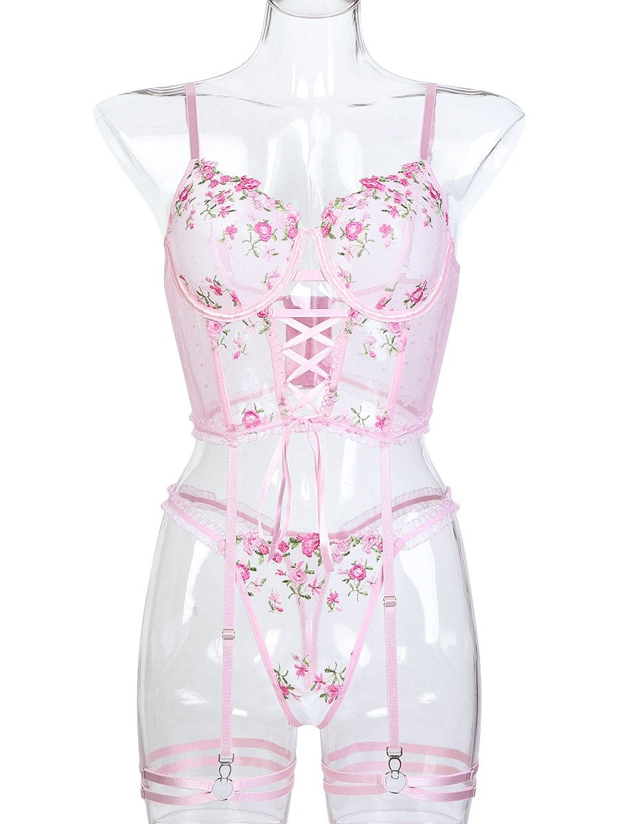 Pink Embroidery Floral Bustier Set