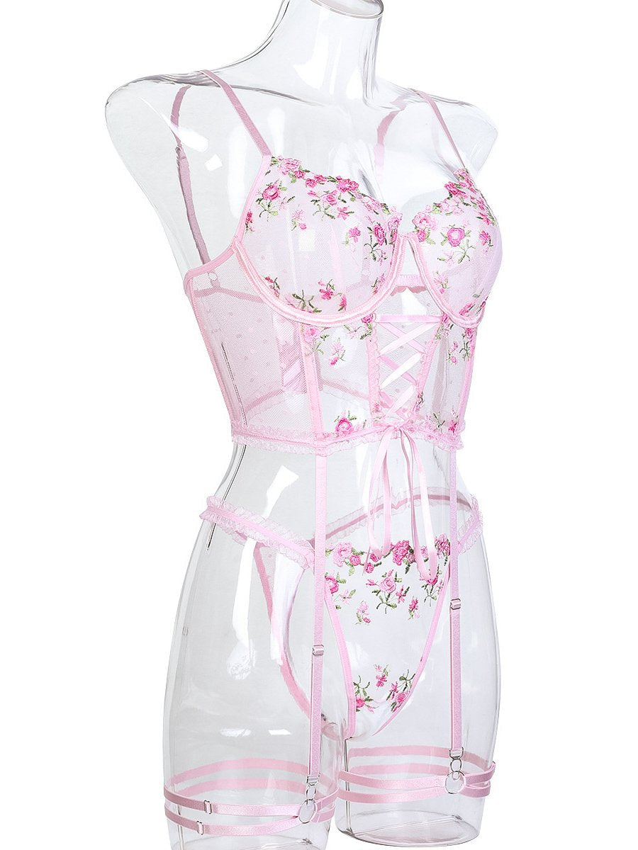 Pink Embroidery Floral Bustier Set
