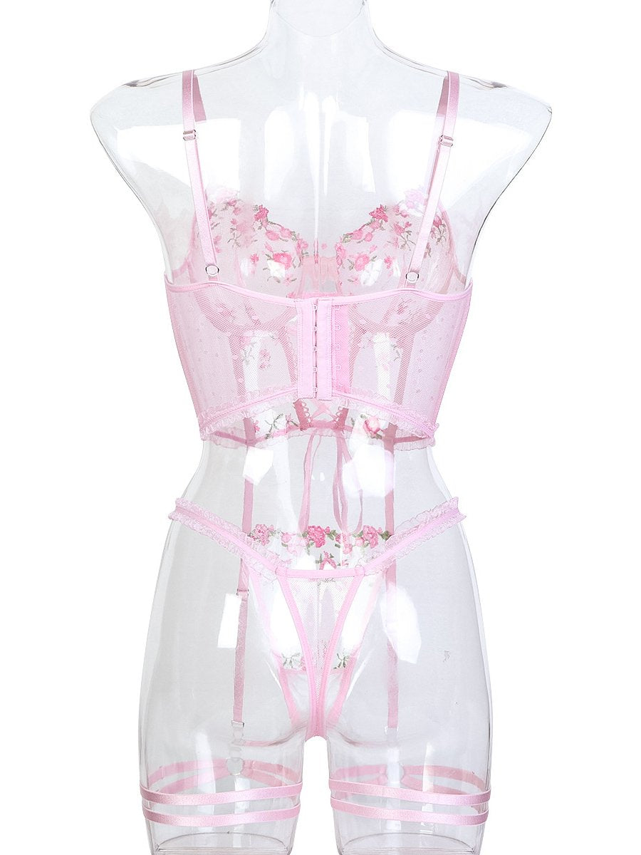 Pink Embroidery Floral Bustier Set