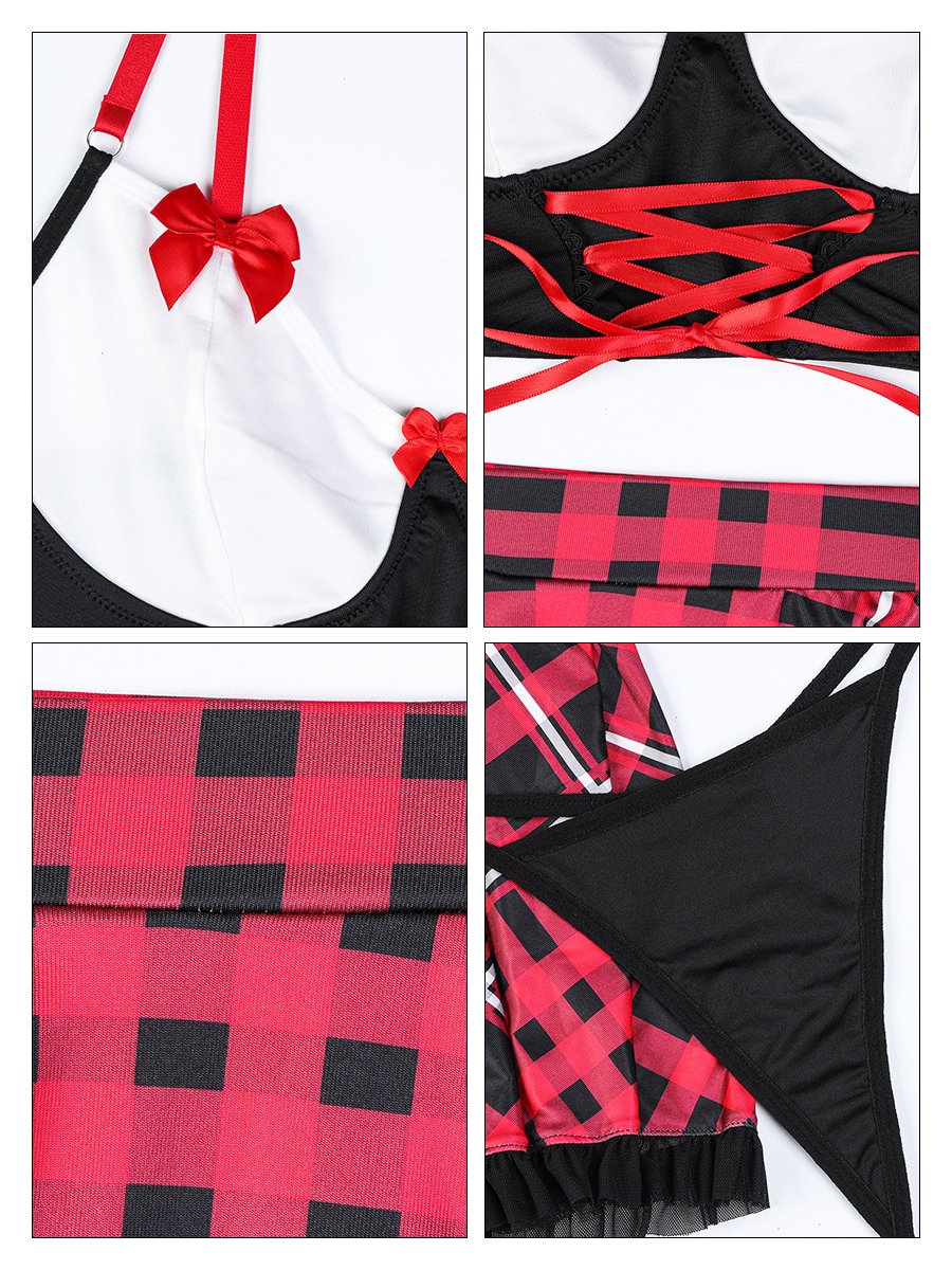 Plaid Lace Up Bra and Skirt Set