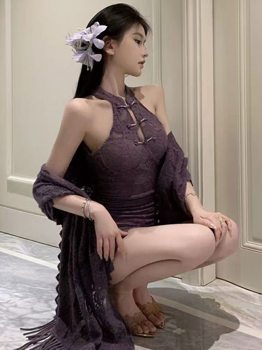 Purple Lace Cheongsam Dress w/ Shawl