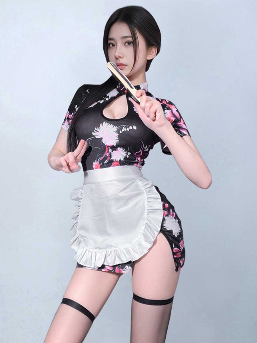 Floral Cheongsam Dress W/ Maid Apron