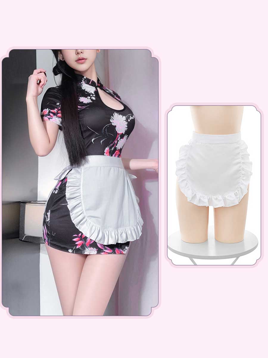 Floral Cheongsam Dress W/ Maid Apron