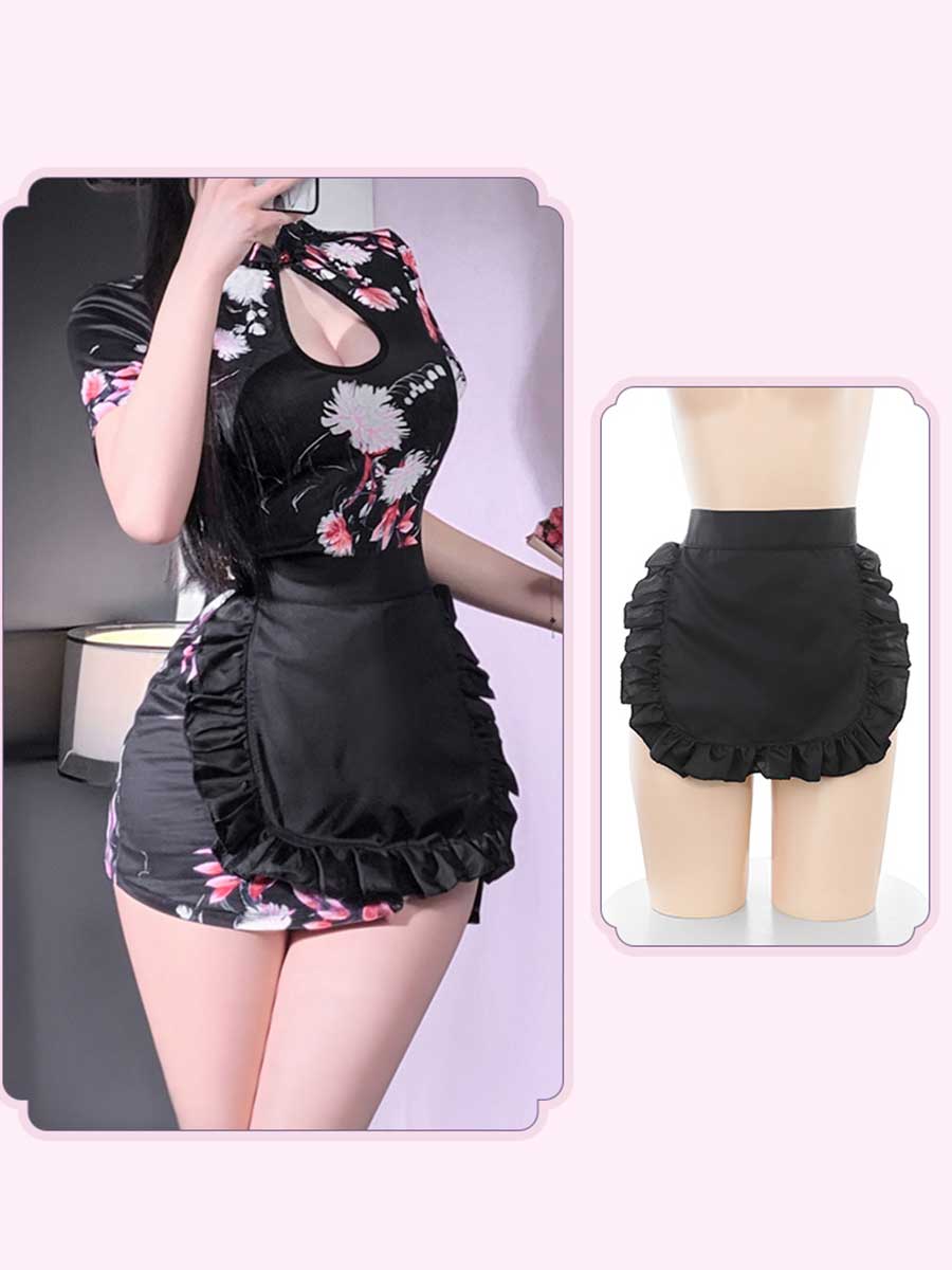 Floral Cheongsam Dress W/ Maid Apron