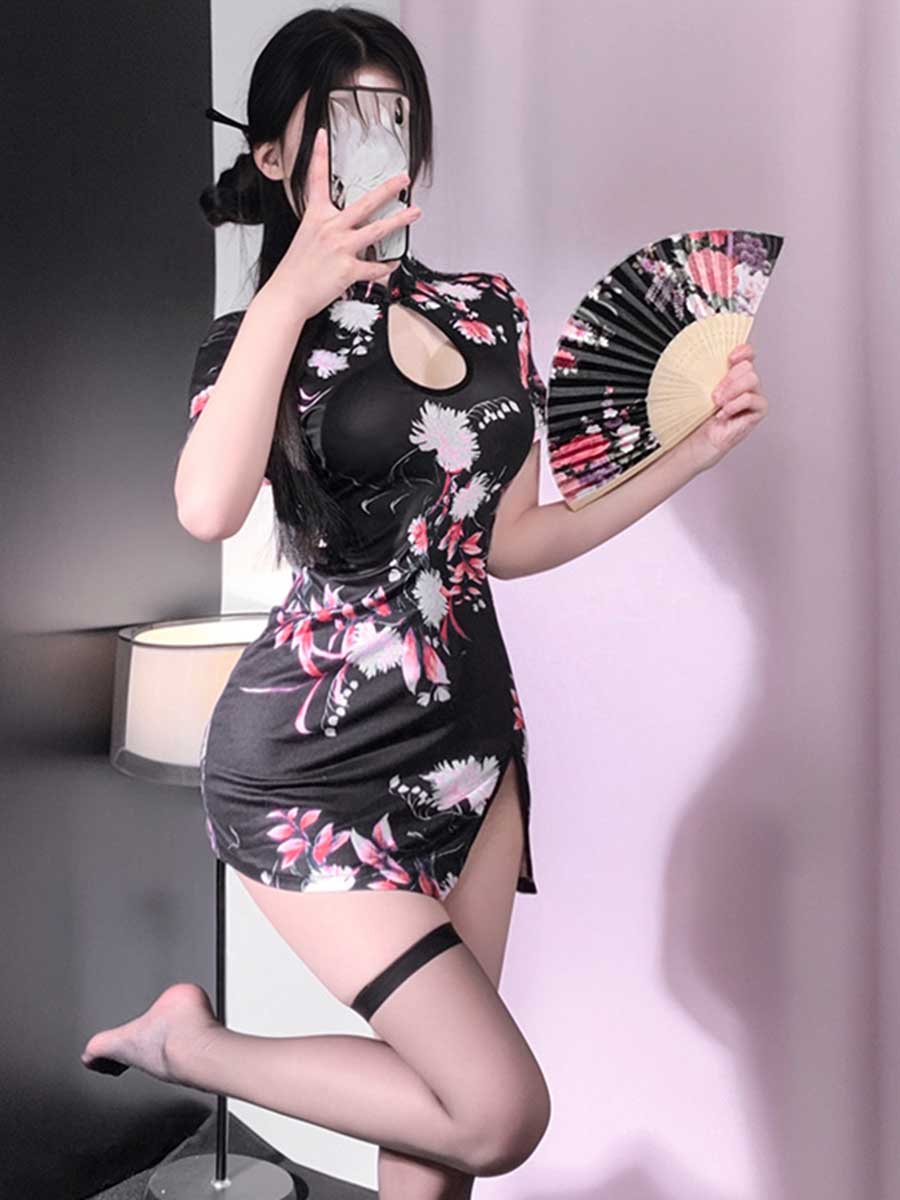 Floral Cheongsam Dress W/ Maid Apron