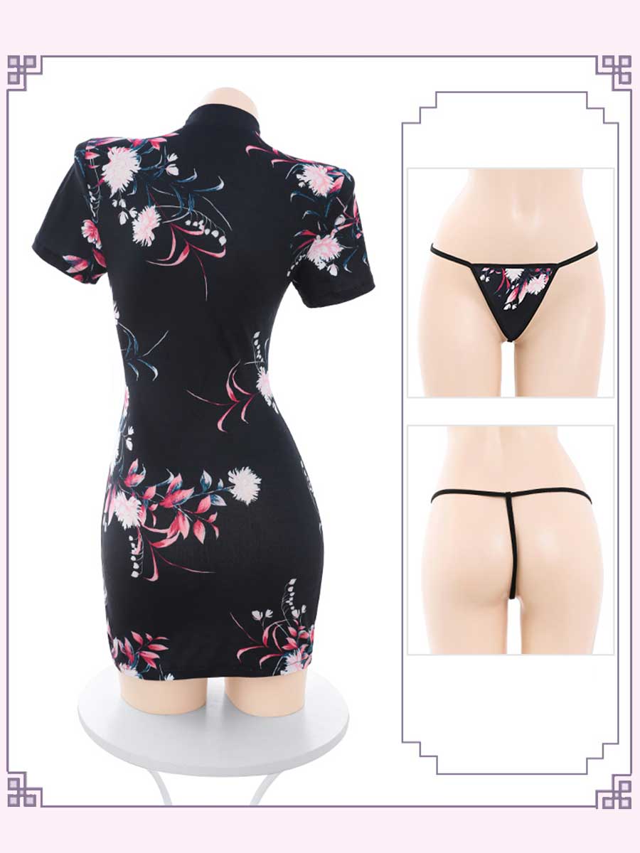Floral Cheongsam Dress W/ Maid Apron