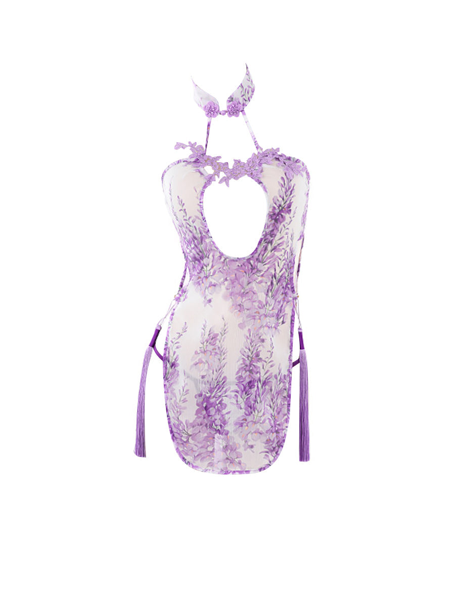 Purple Chiffon Floral Cheongsam Dress
