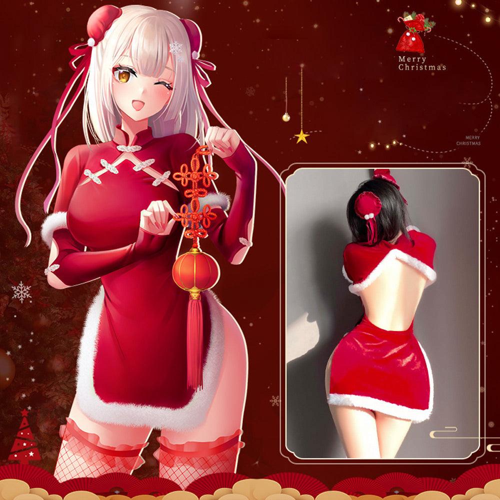 Sexy Cheongsam Dress Red Velvet Cheongsam Lingerie Dress Chinese Split Dress