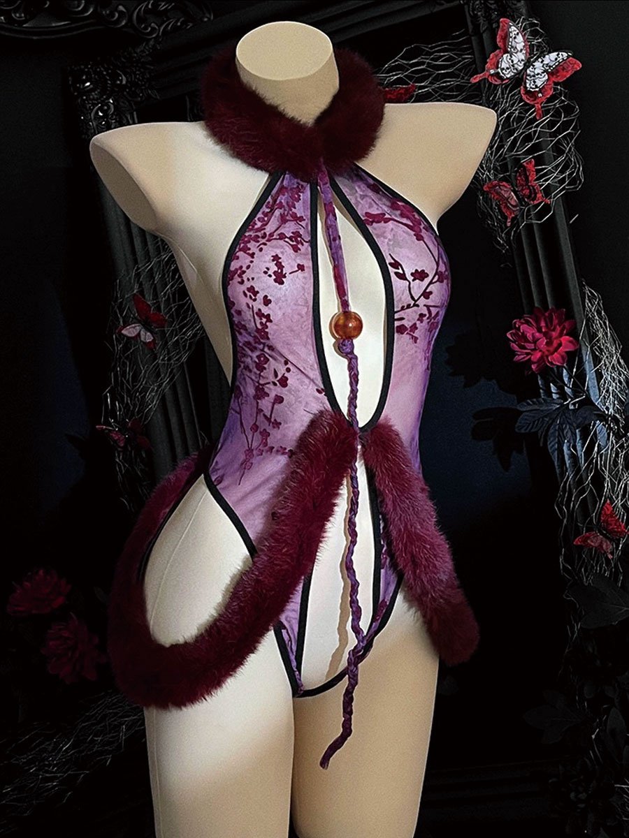 Furry Neck Lace Crotchless Teddy