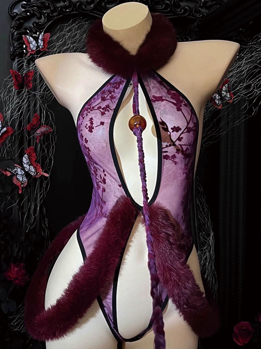 Furry Neck Lace Crotchless Teddy