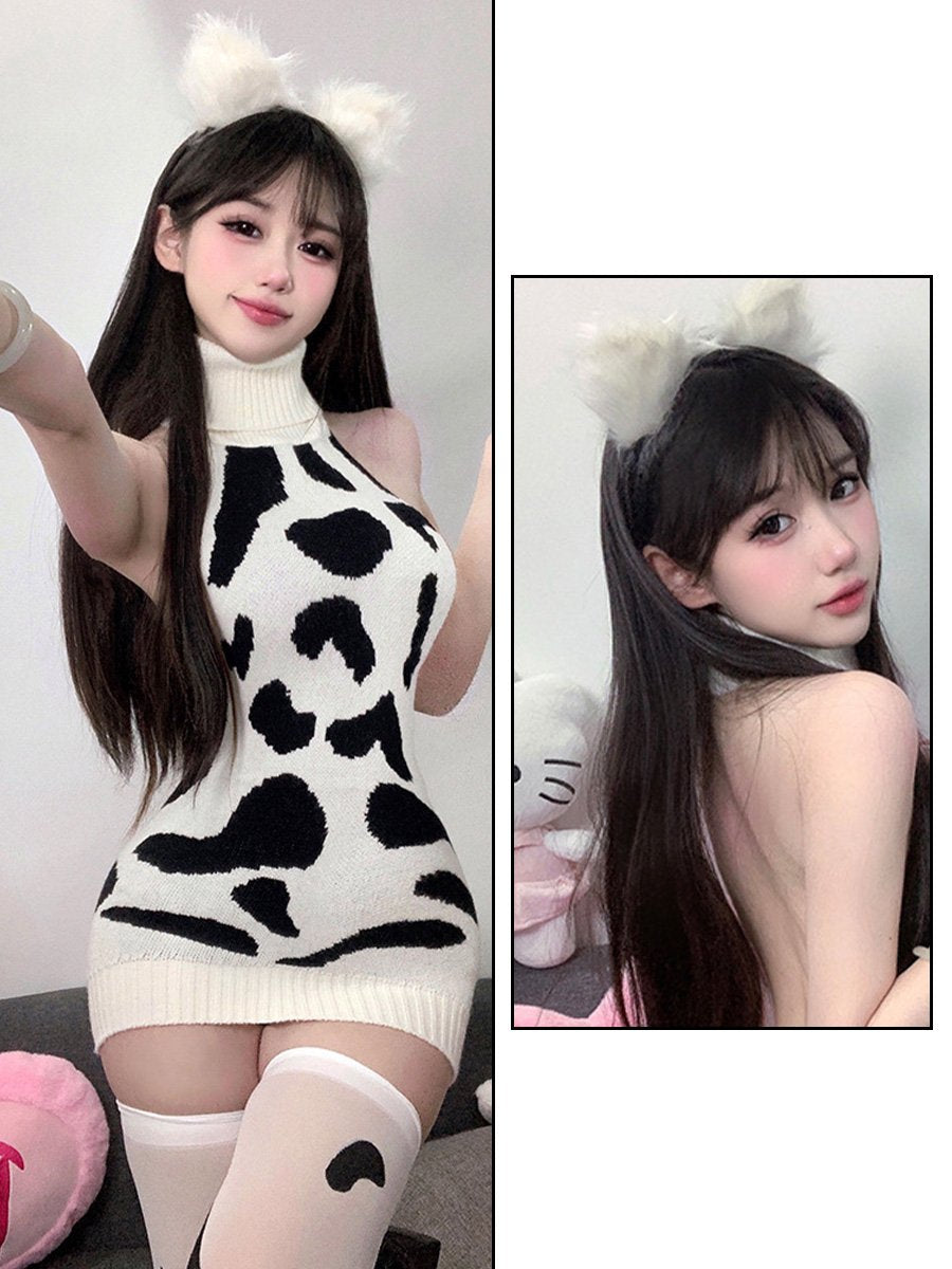 Knitted Cow Print Backless Mini Dress