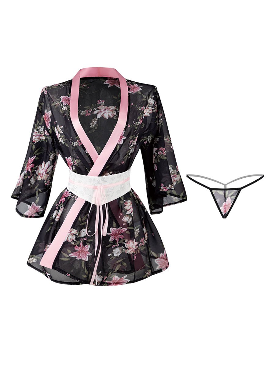 Black Chiffon Floral Print Robe