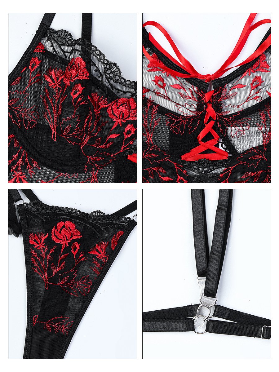 Embroidery Floral Longline Bra Set