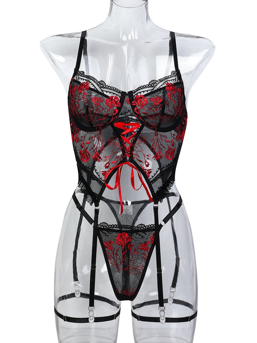 Embroidery Floral Longline Bra Set