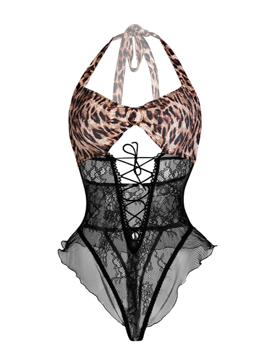 Cheetah Lace Crotchless Teddy Lingerie