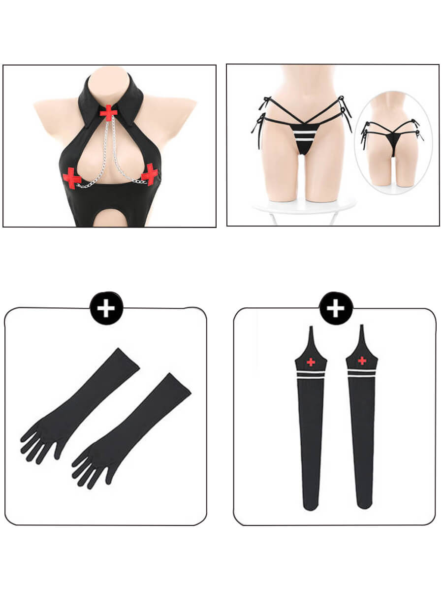 AROSELOVE Black Nurse Bodystocking Set - Sexy Cosplay Lingerie