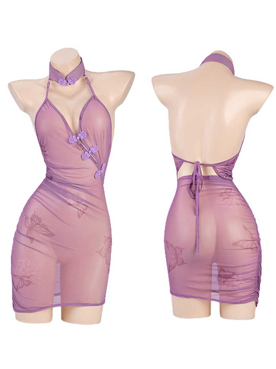 Purple Butterfly Print Vintage Lingerie Dress