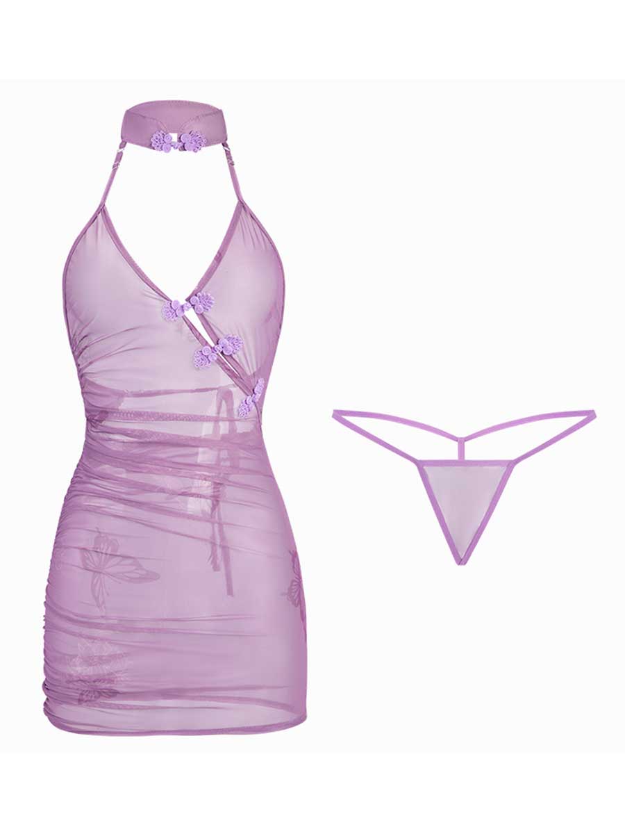 Purple Butterfly Print Vintage Lingerie Dress