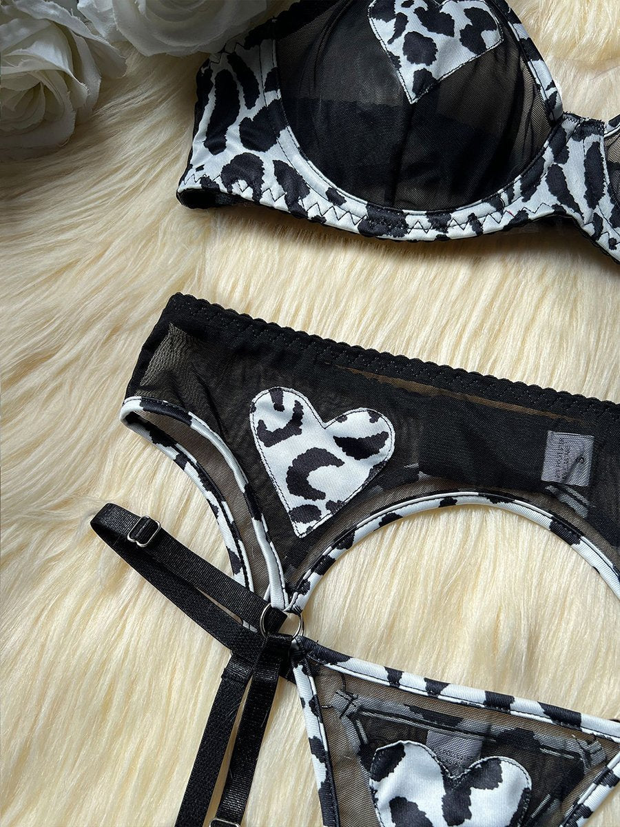 Cow Print Heart Garter Bra Set