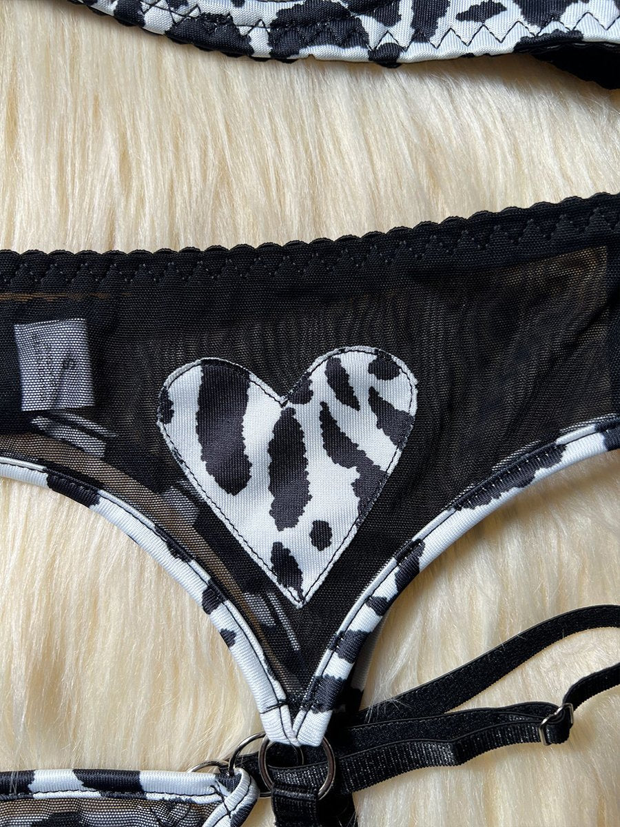 Cow Print Heart Garter Bra Set
