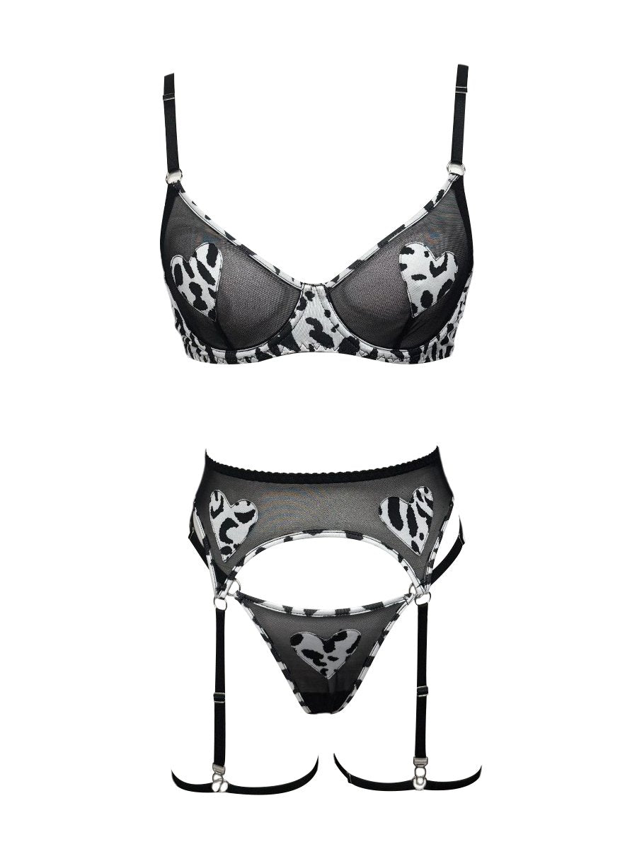 Cow Print Heart Garter Bra Set