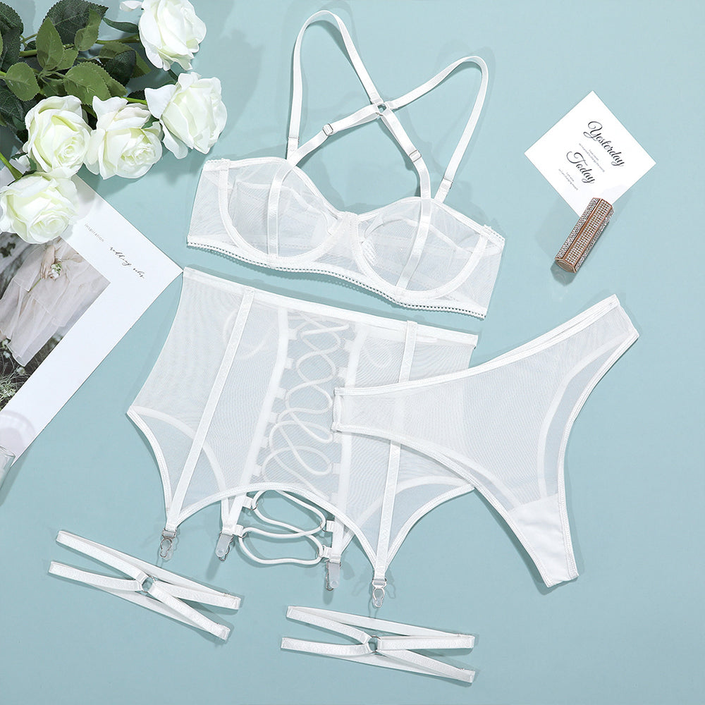 Yomorio Mesh Lingerie Set | Sheer Cups, Garter Belt, Thong Back