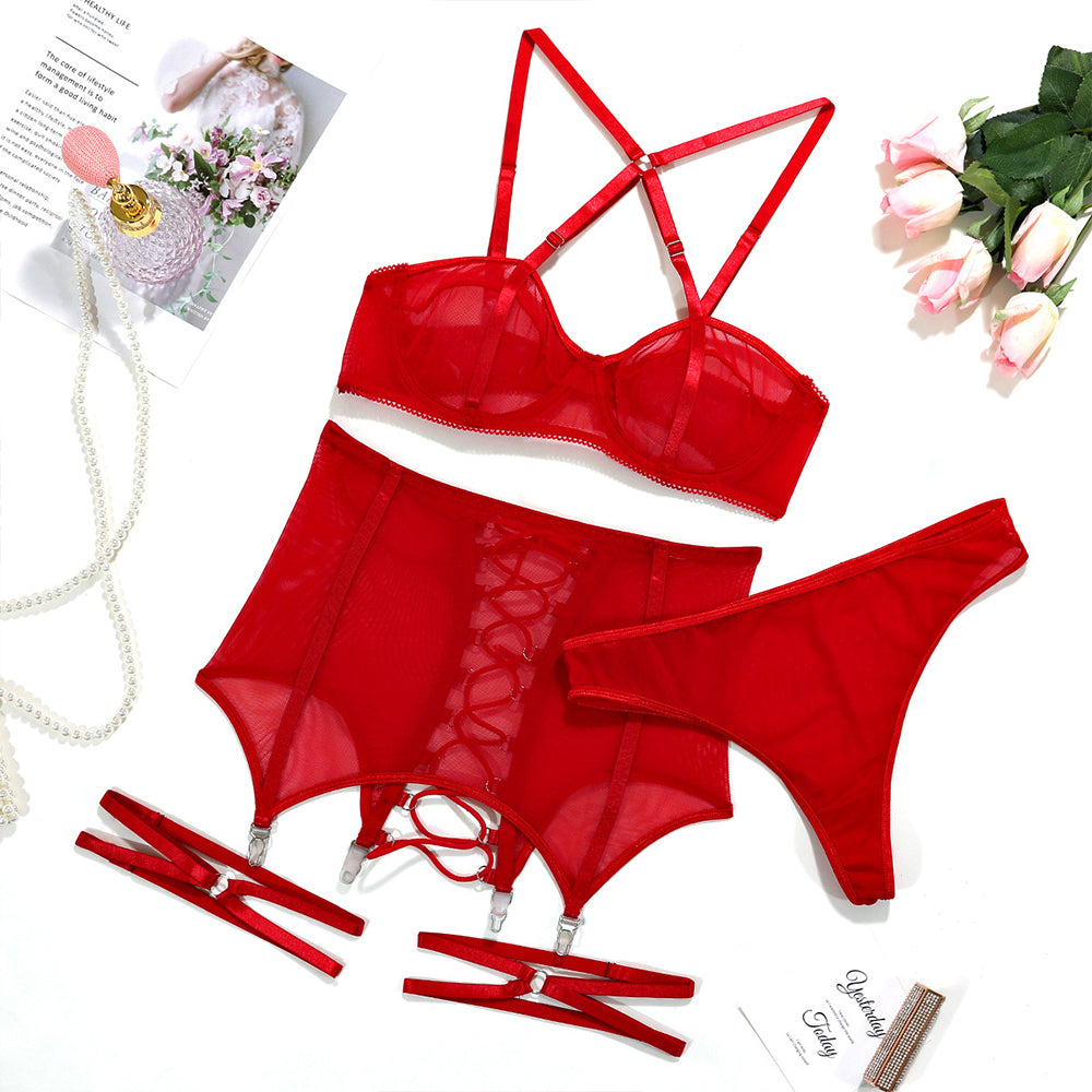 Yomorio Mesh Lingerie Set | Sheer Cups, Garter Belt, Thong Back