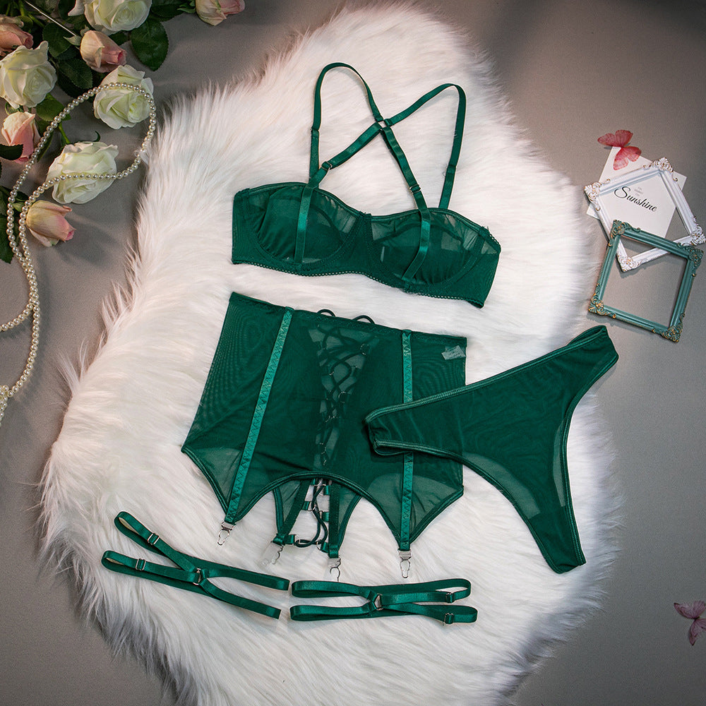 Yomorio Mesh Lingerie Set | Sheer Cups, Garter Belt, Thong Back