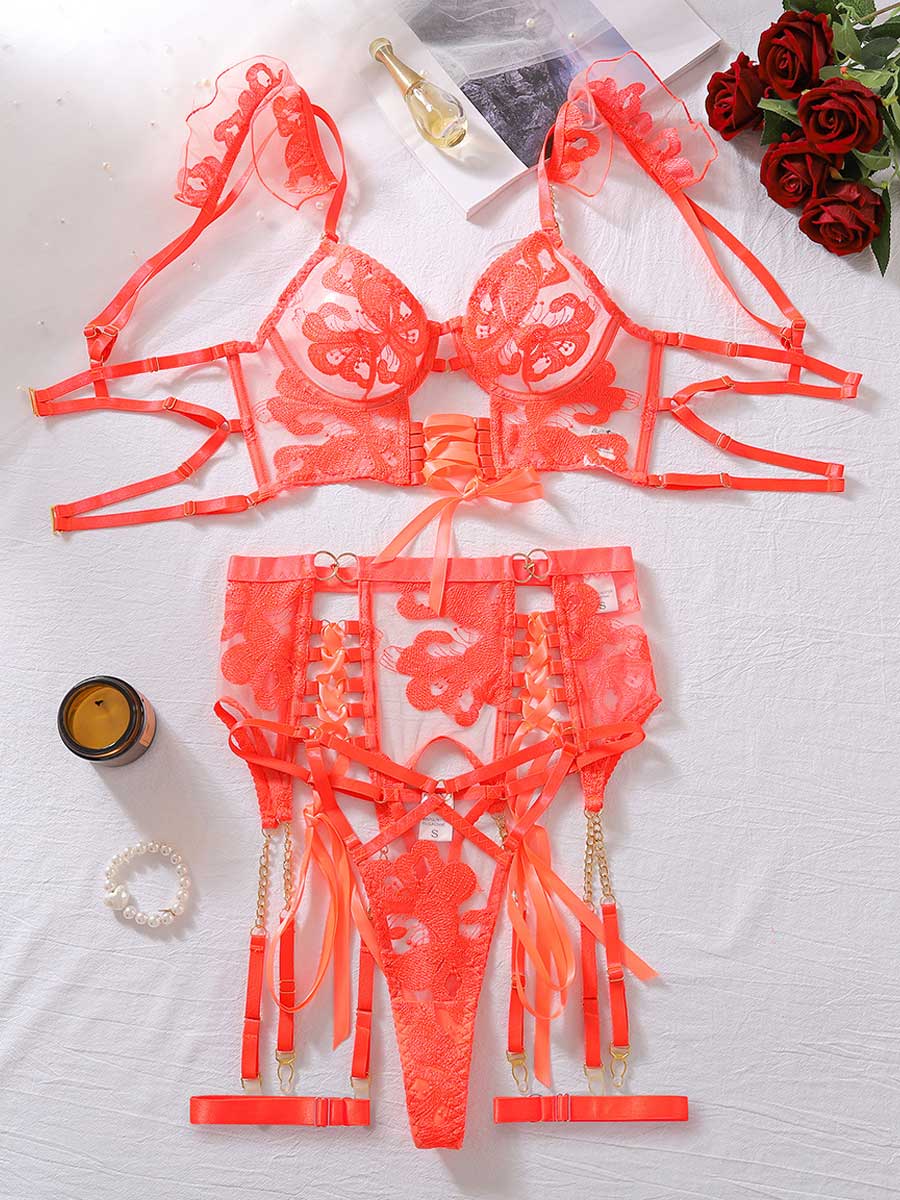 Floral Embroidered Lace Up Bra Set