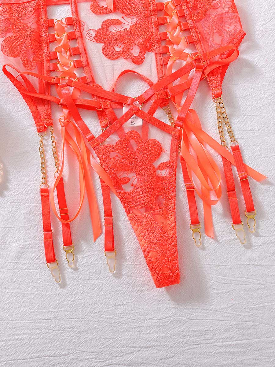 Floral Embroidered Lace Up Bra Set